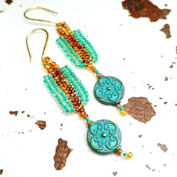 Boho Chic Seed Bead Dangle Earrings, Hammered Earrings, Statement Jewelry 3.25" - Picture 8 of 9
